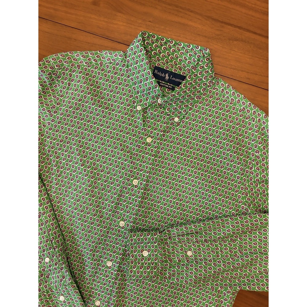 Ralph Lauren Green Paisley Long Sleeve Button Down Shirt Mens M Custom Fit Polo